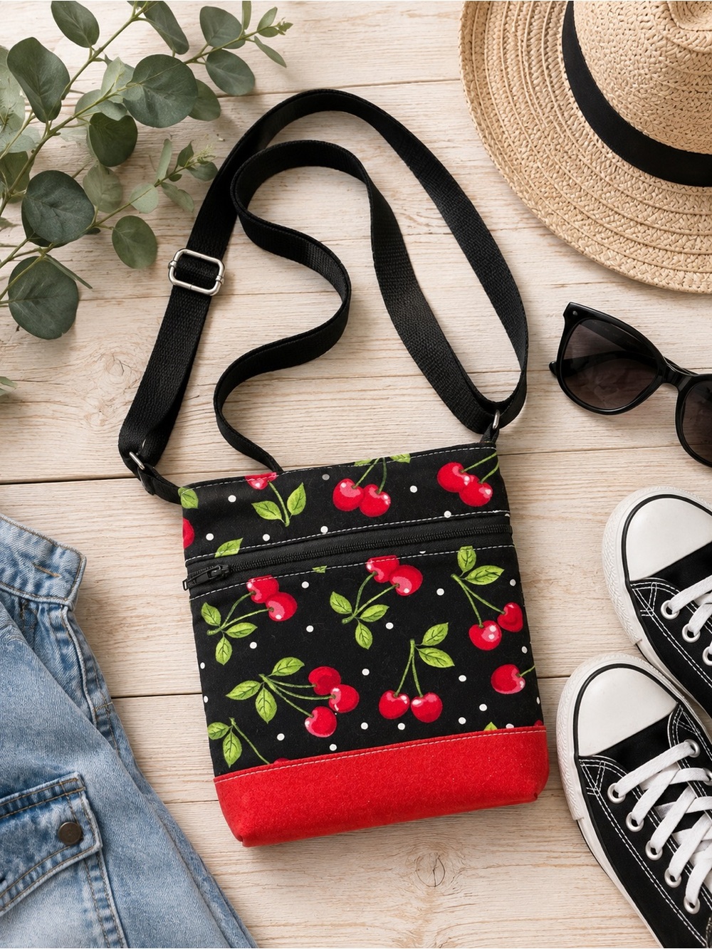 Handmade Cherry Print Crossbody Bag – Black & Red Adjustable Small Purse